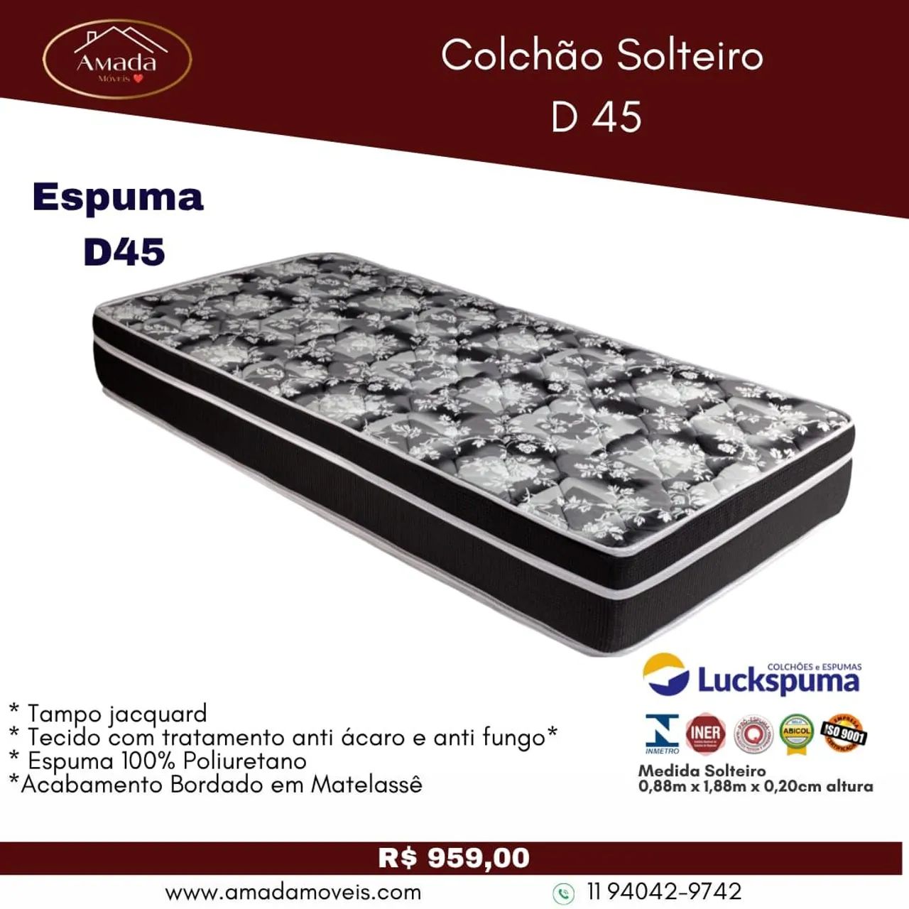 Colchão Solteiro D45 - à pronta entrega 
