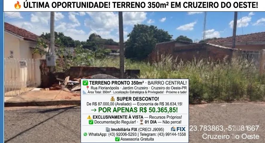 ? TERRENO PRONTO 350m² ? BAIRRO CENTRAL! CRUZEIRO DO OESTE!