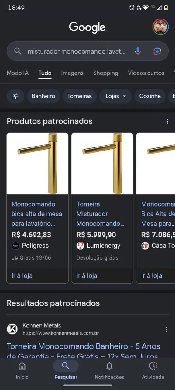 Misturador monocomando lavatório bica alta mixmatch ouroescovado 