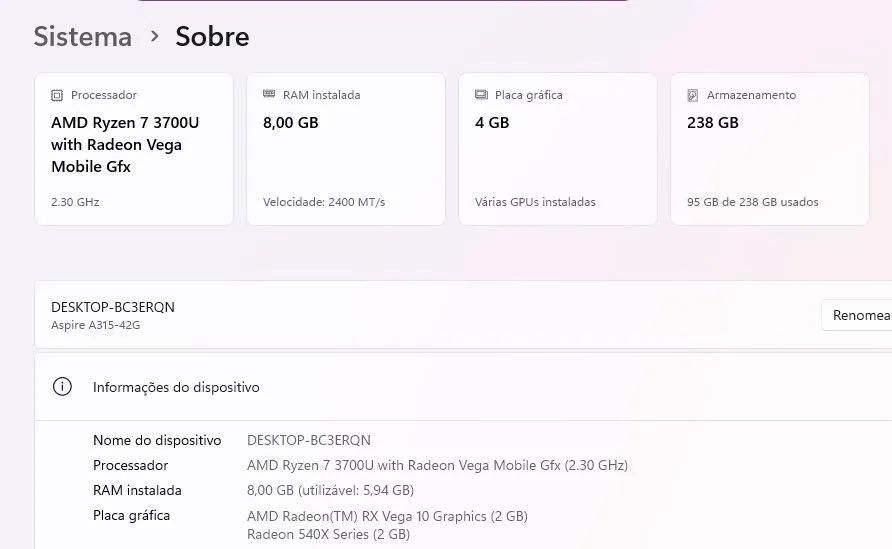 NOTEBOOK ACER RYZEN 7 (em perfeito estado somente a bateria viciada) - Foto 2