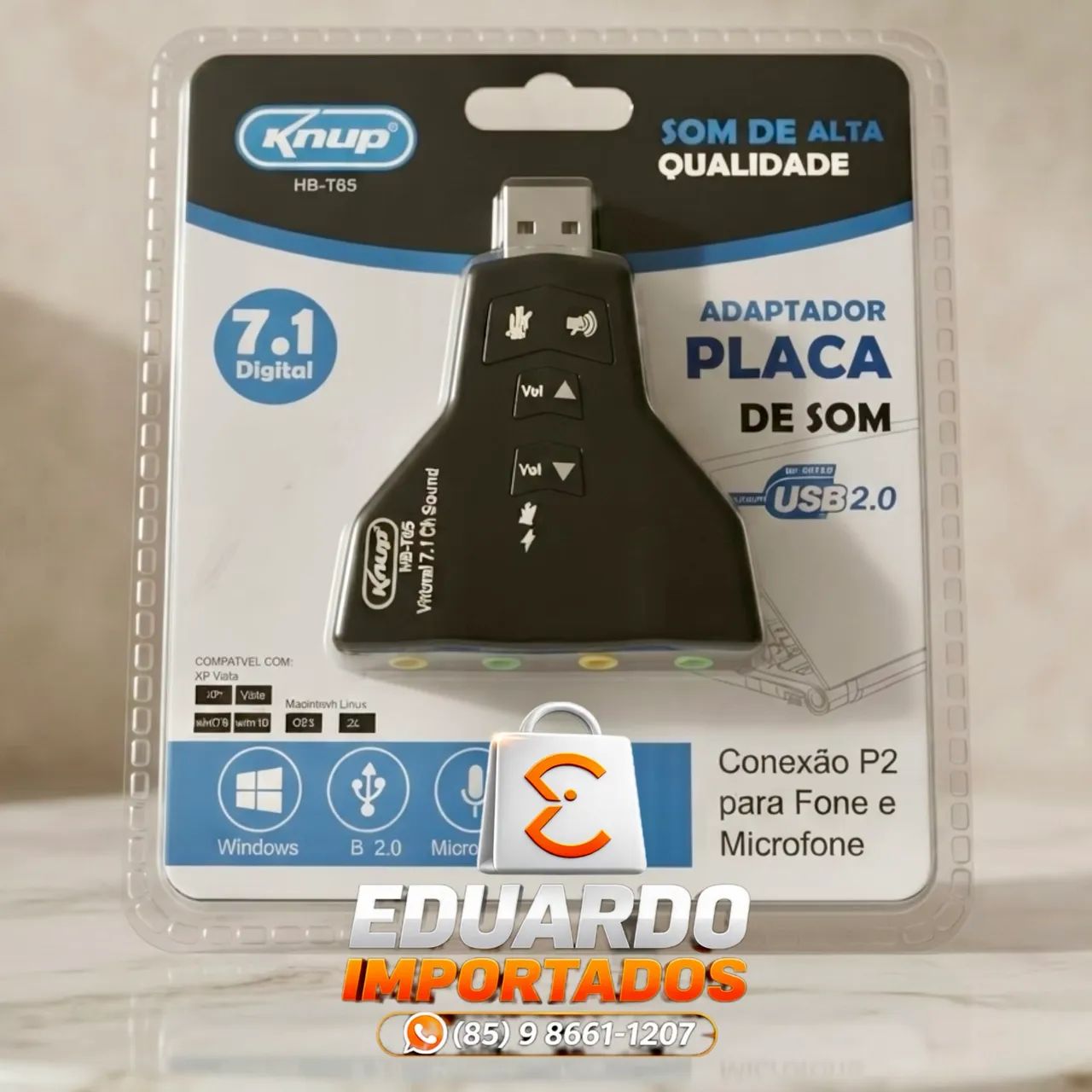 Adaptador Placa De Som 7.1 USB Fone, Headset, Microfone Pc Notebook com 4 Entradas