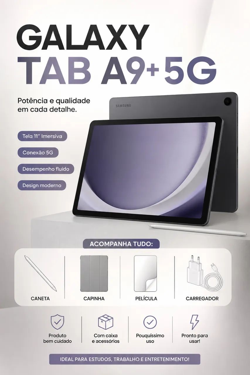 Tab A9+ 5g com capinha, película e caneta.