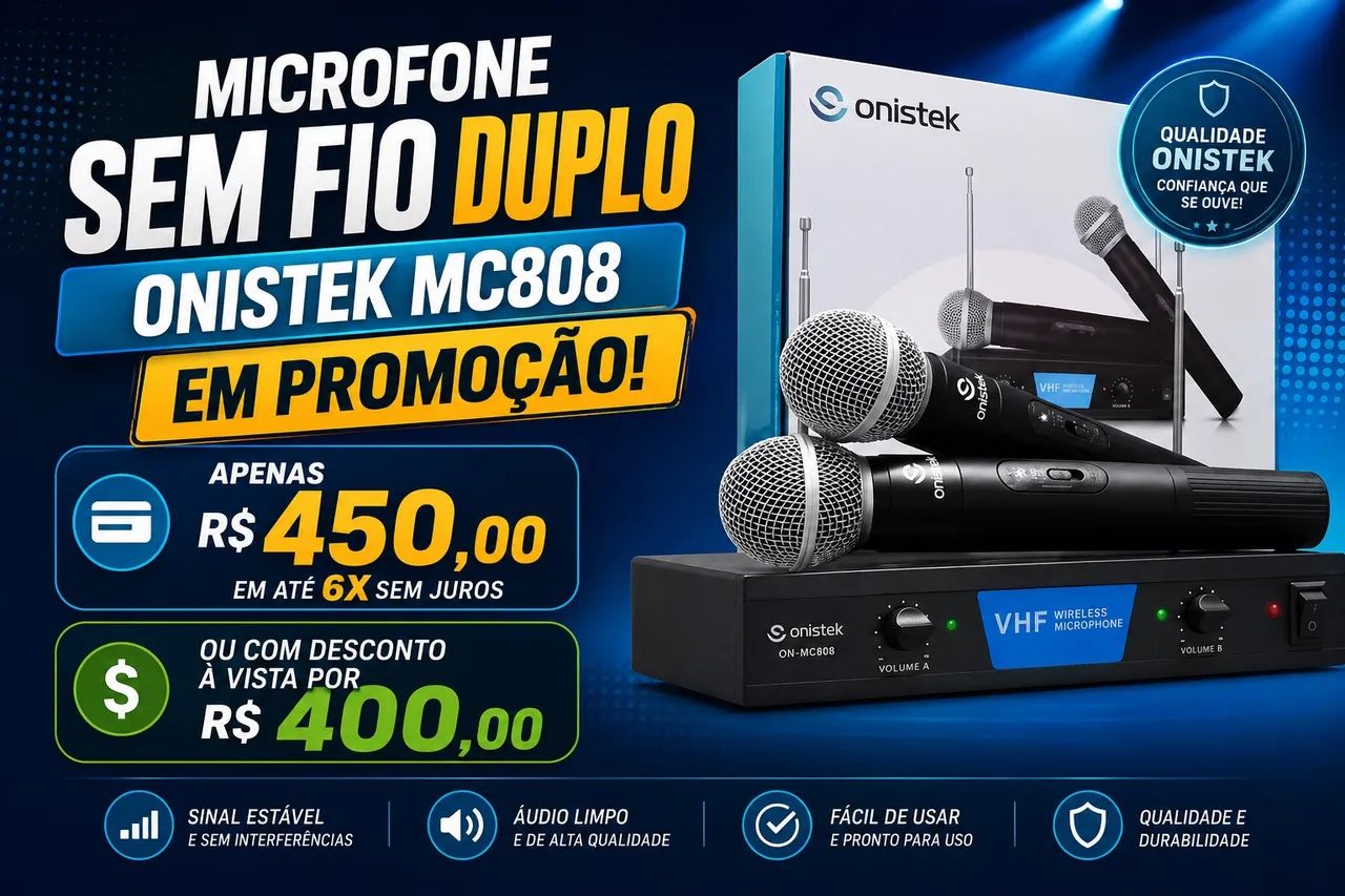Microfone sem fio duplo Onistek MC808 em promoção