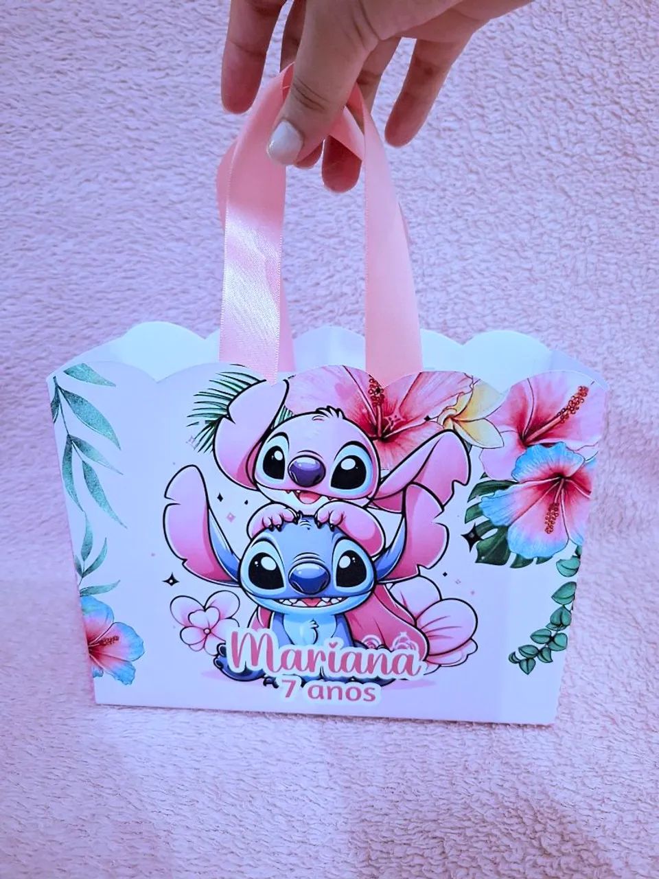 Sacola personalizada para festa de aniversário Stitch e Angel
