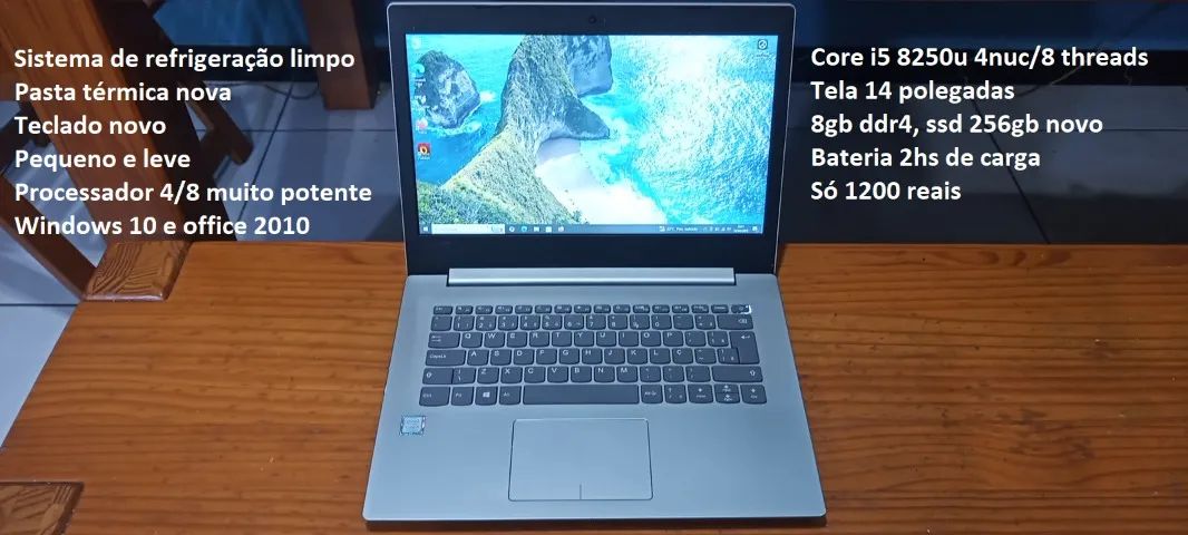 Notebook lenovo core i5 8a ger 4nuc /8 threads, 8gb Ddr4 e ssd 256gb novo Ac Cartão