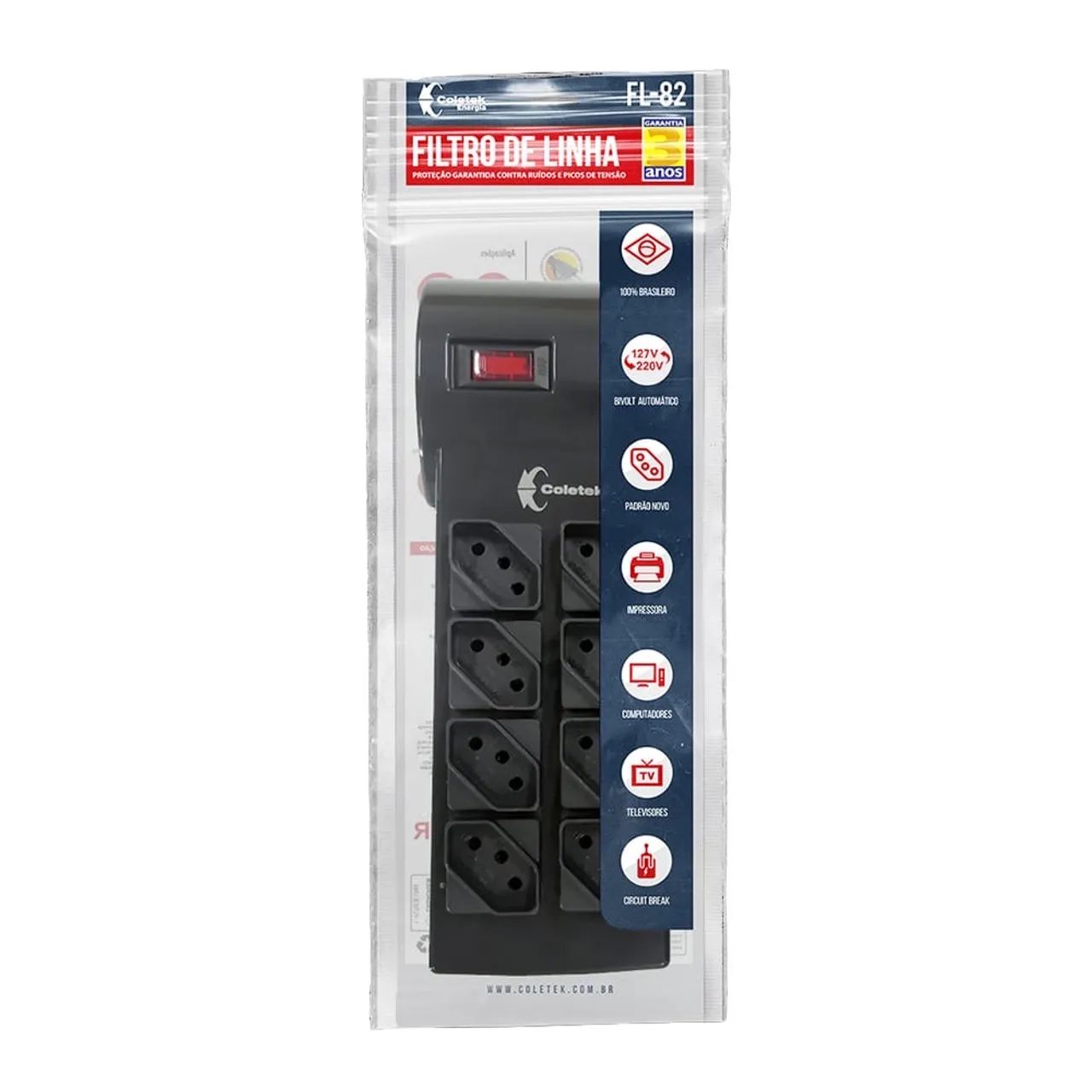 Extensao Filtro De Linha Com 8 Tomadas FL-82BK C3 Tech - Foto 2