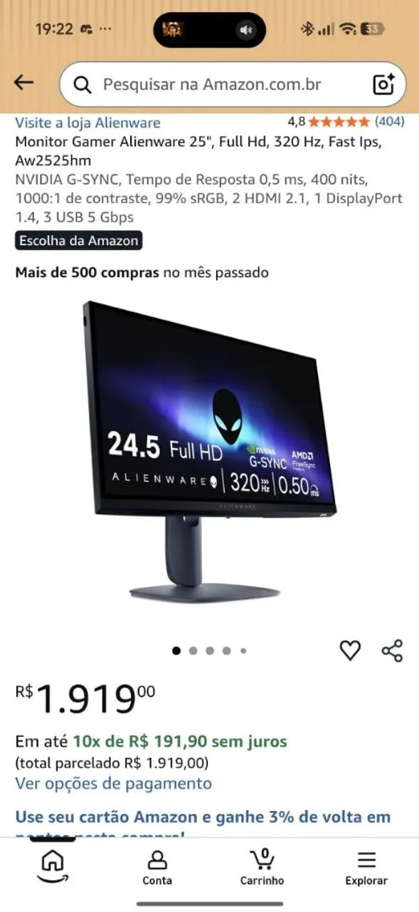 Monitor Alienware fast ips 25 polegadas 320hz