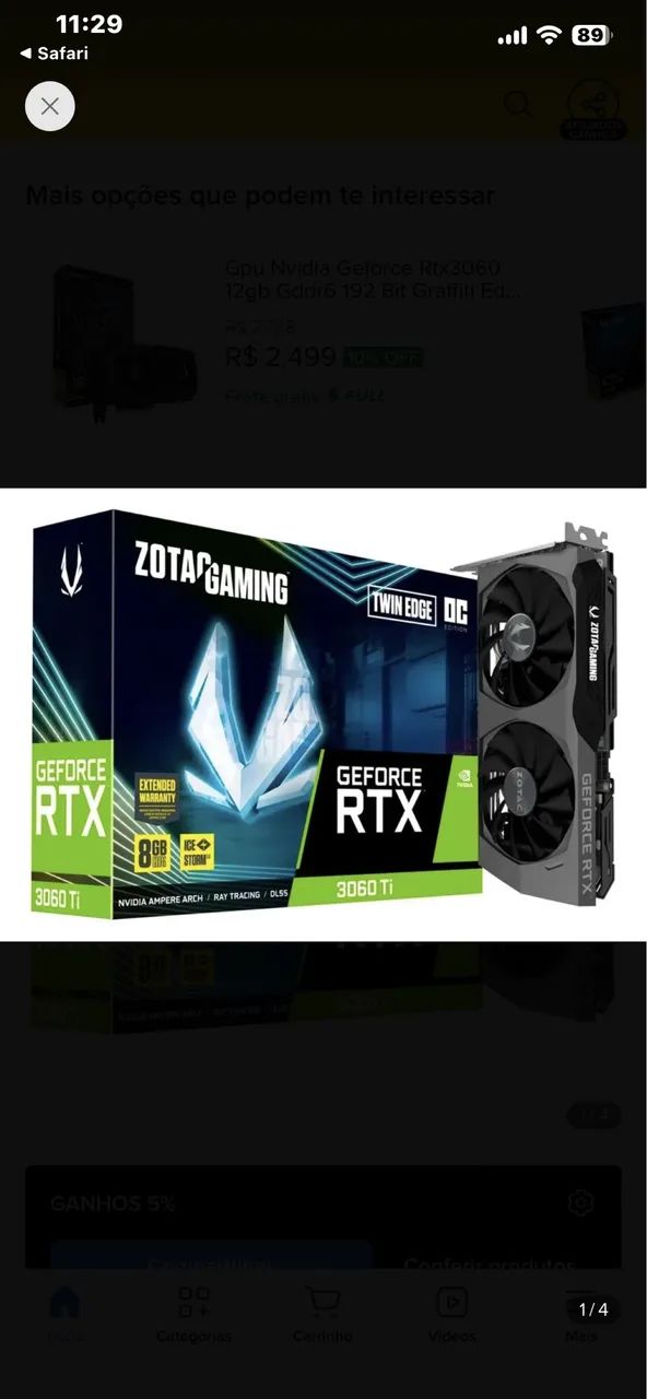 Placa de vídeo RTX 3060 TI 8 GIGA