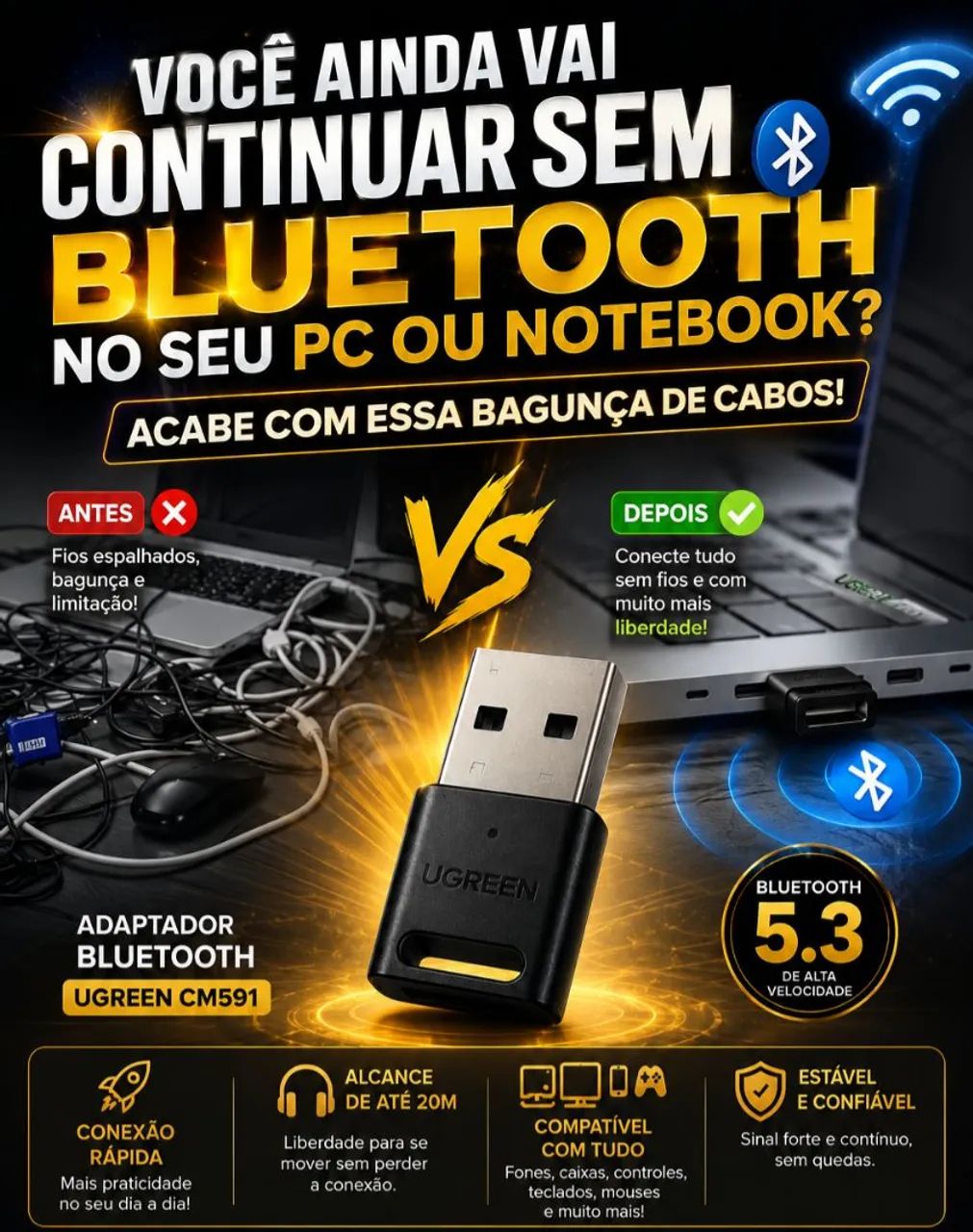 Adaptador Bluetooth UGREEN 5.3, Compatível com Windows 8.1,10,11. Entrega em toda JP  - Foto 2