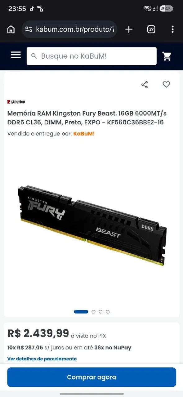 Memoria ram ddr5 1x16gb 6000mhz