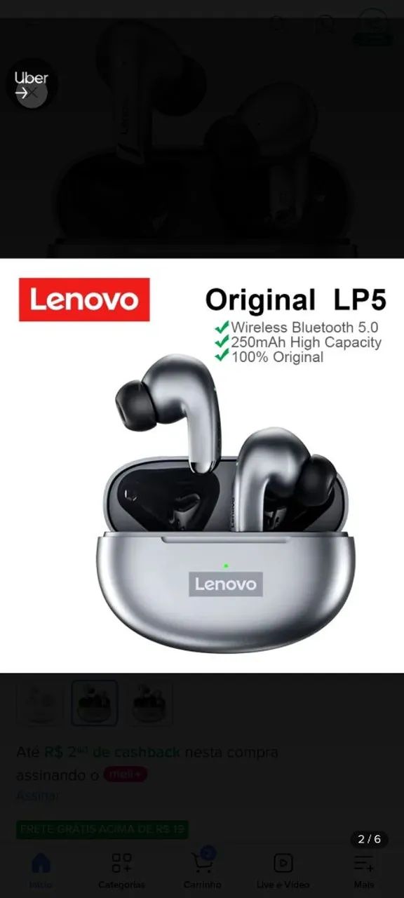 Fone Lenovo lp5 pro beg Cinza na Caixa