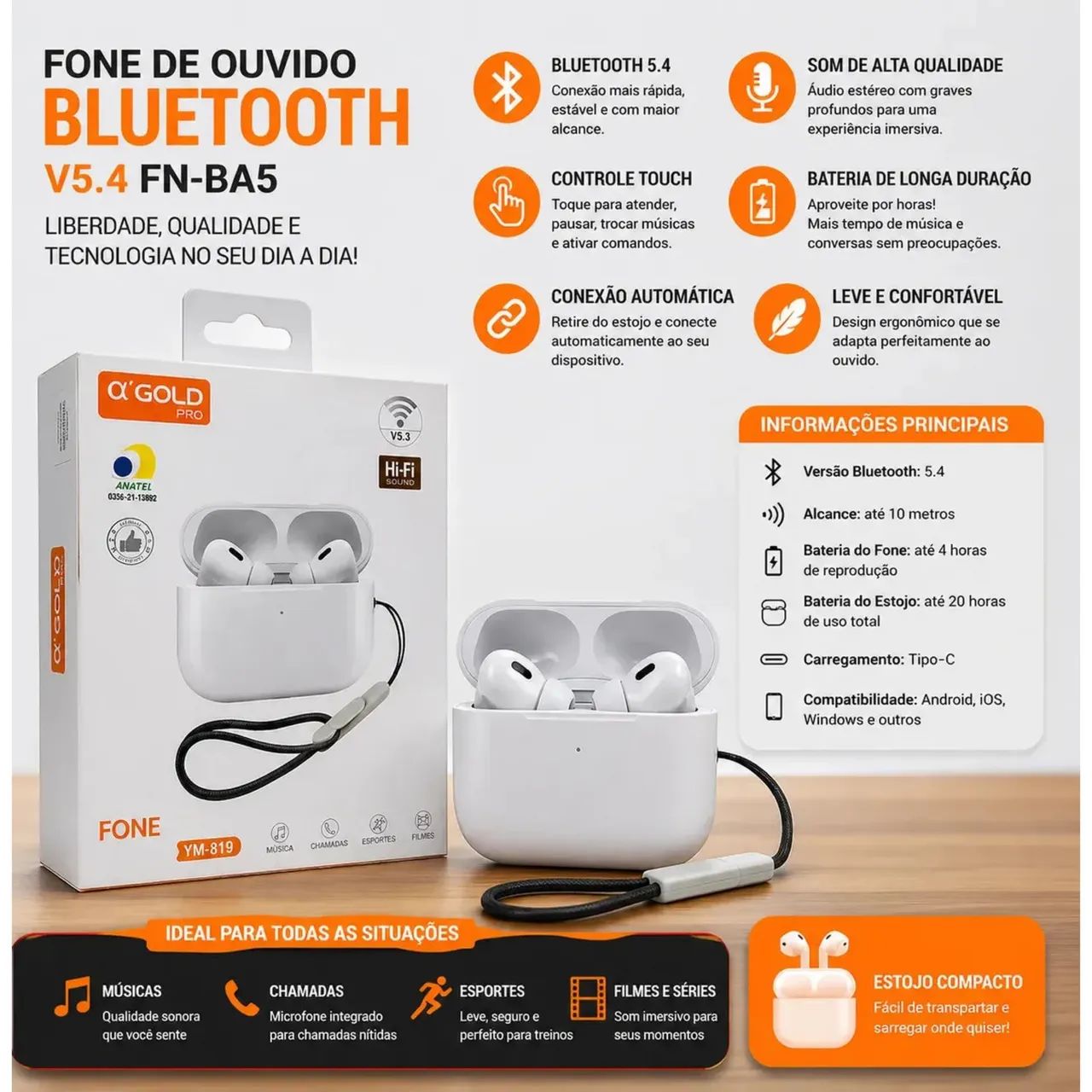 Fone Ouvido Bluetooth 5.4 Sem Fio Case Carregador Top - Foto 3