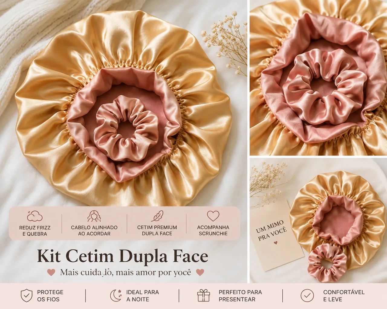Touca de Cetim + Scrunchie | Kit para Cuidar dos Cabelos ?
