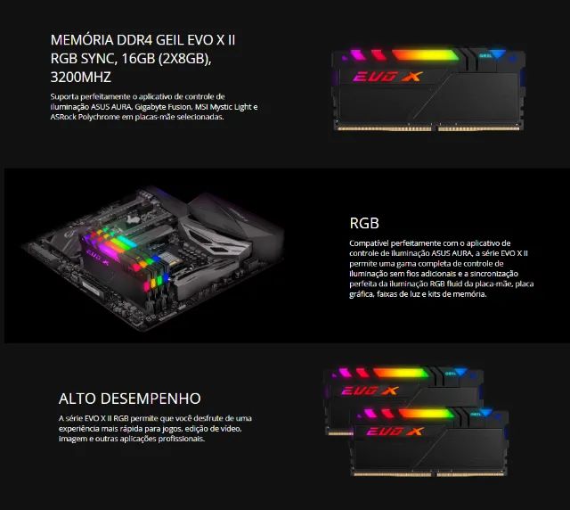 Memória DDR4 Geil EVO X II RGB Sync, 16GB (2x8GB), 3200MHz, CL16, Preta64739260212994124