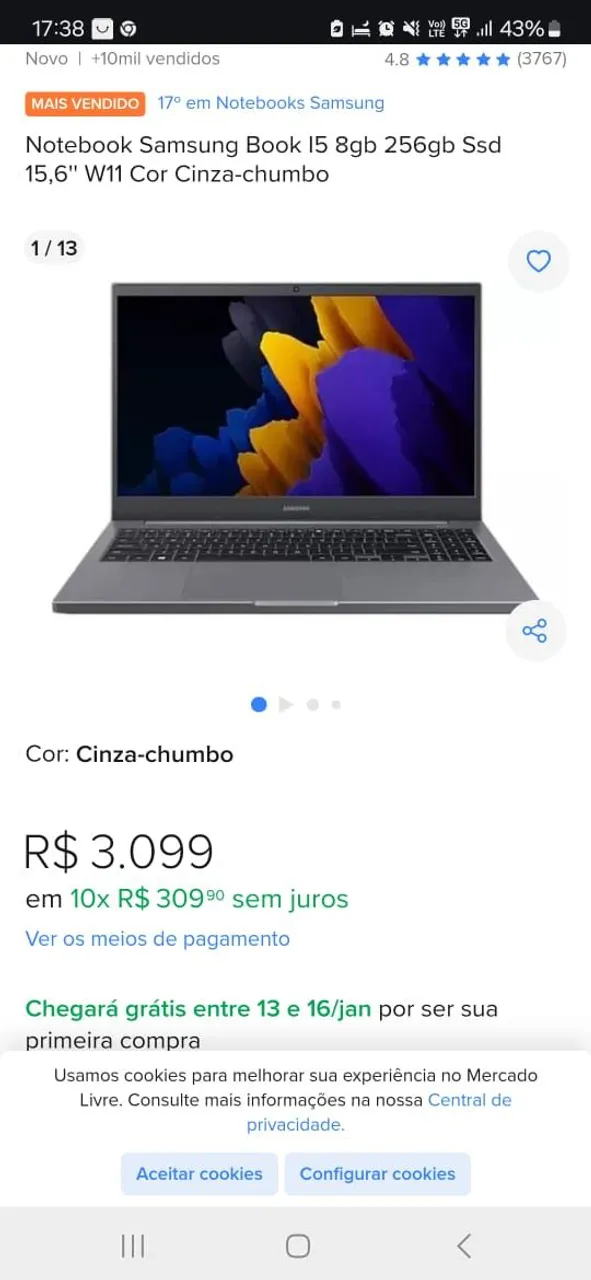 Notebook Samsung Book 15 8gb 256gb Ssd 15,6" W11 Cinza-chumbo