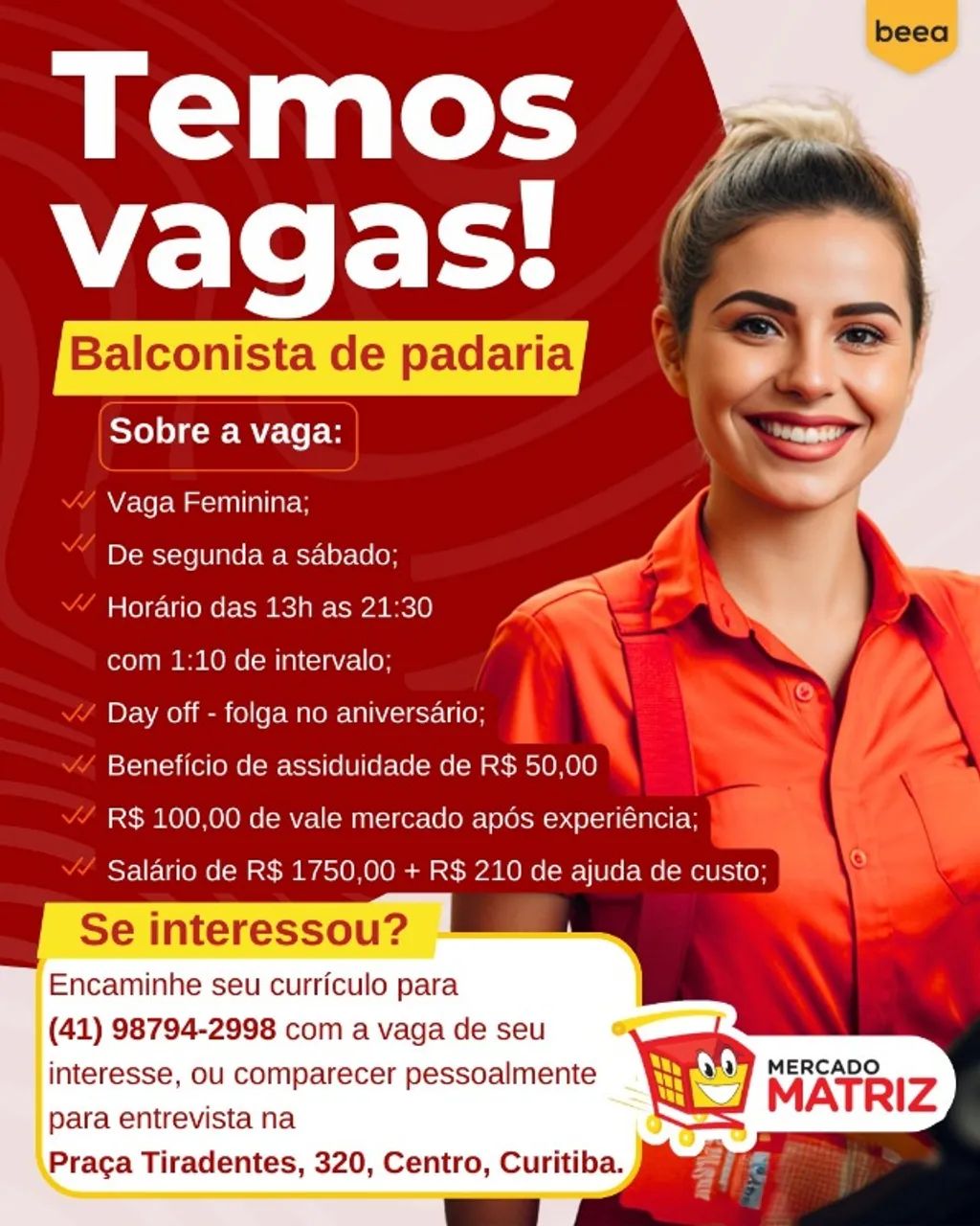 Mercado Matriz contrata Balconista de Padaria