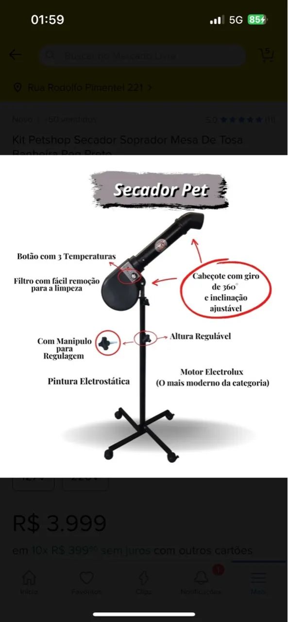 Kit Petshop Secador Soprador Mesa De Tosa Banheira 220v - Foto 2