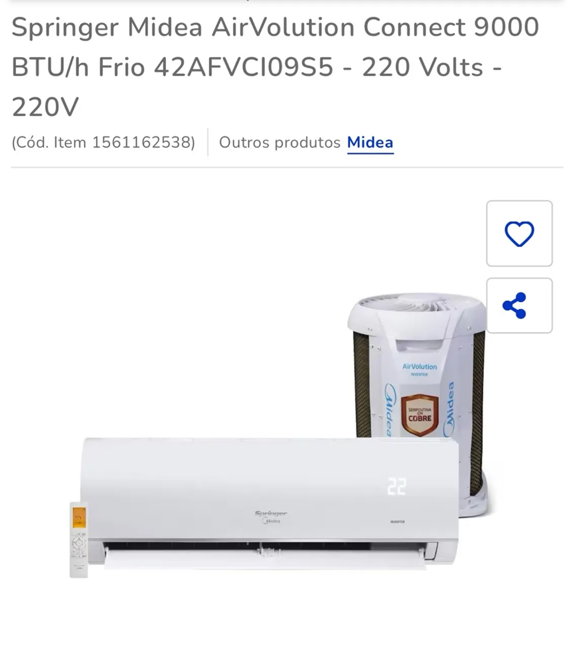 Ar Condicionado Springer Midea AirVolution Connect 9000 BTU/h Frio 220V