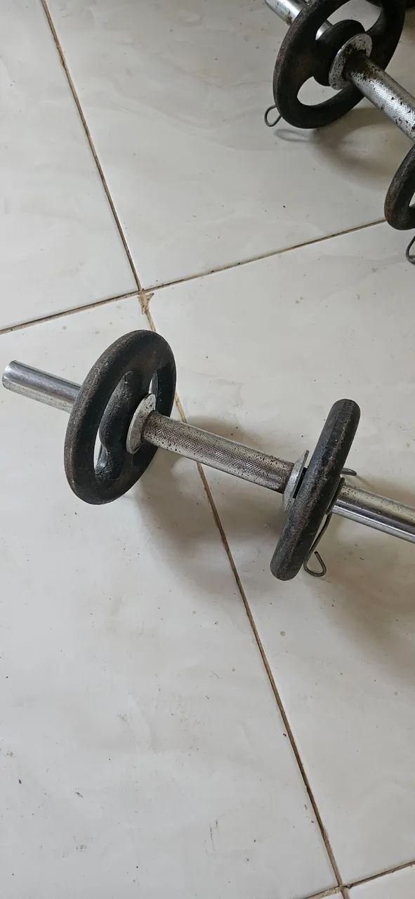 Kit Musculação Cromado - Barra W, Halteres e Anilhas (Usado) - Foto 3