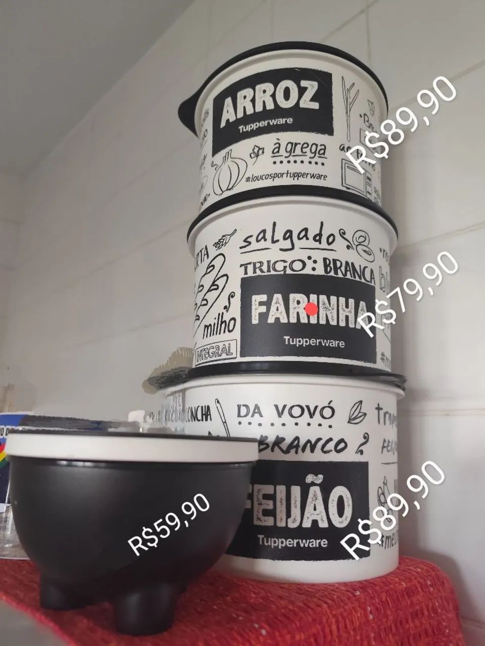 Conjunto de potes Tupperware para arroz, feijão, farinha e saleiro 