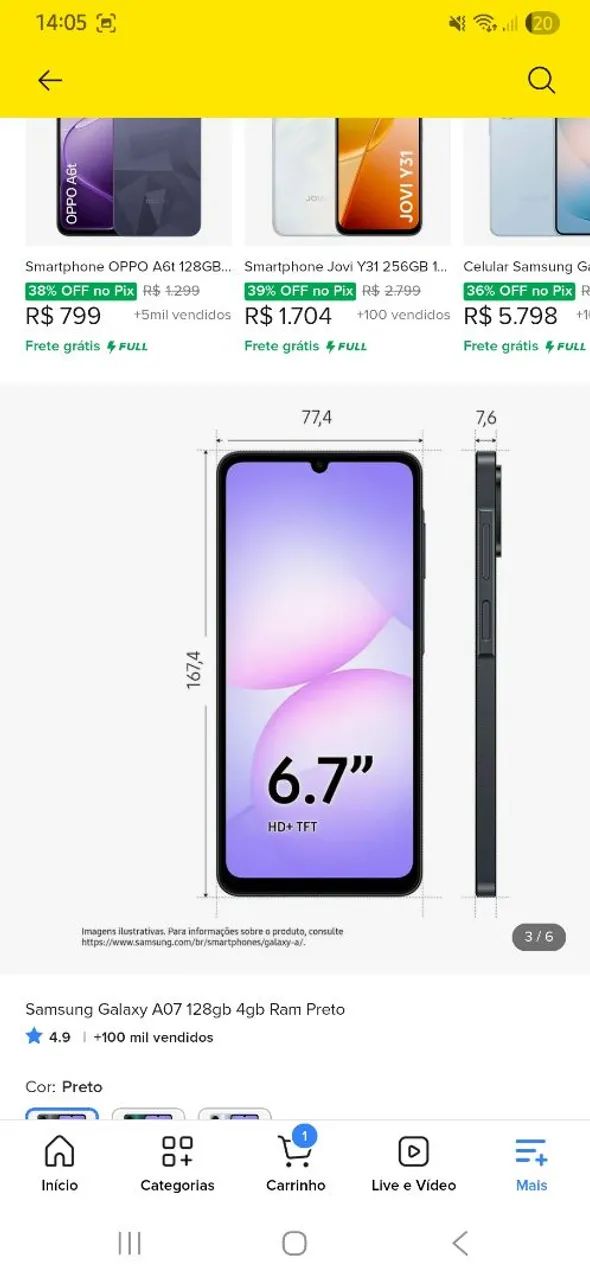 Celular a07, 1 mês de uso, com nota fiscal