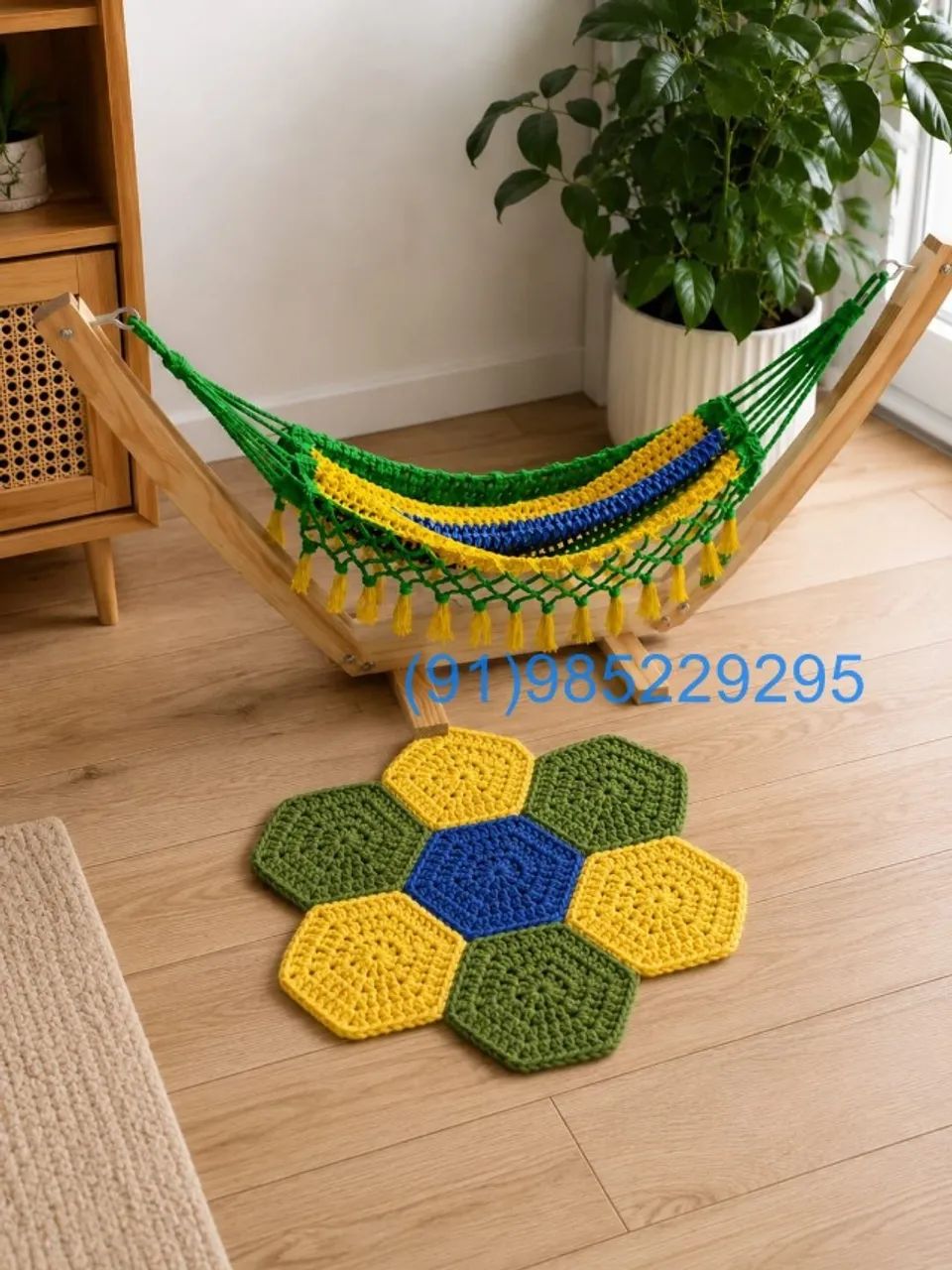 kit rede crochê + suporte de madeira + tapete para cães ou gatos