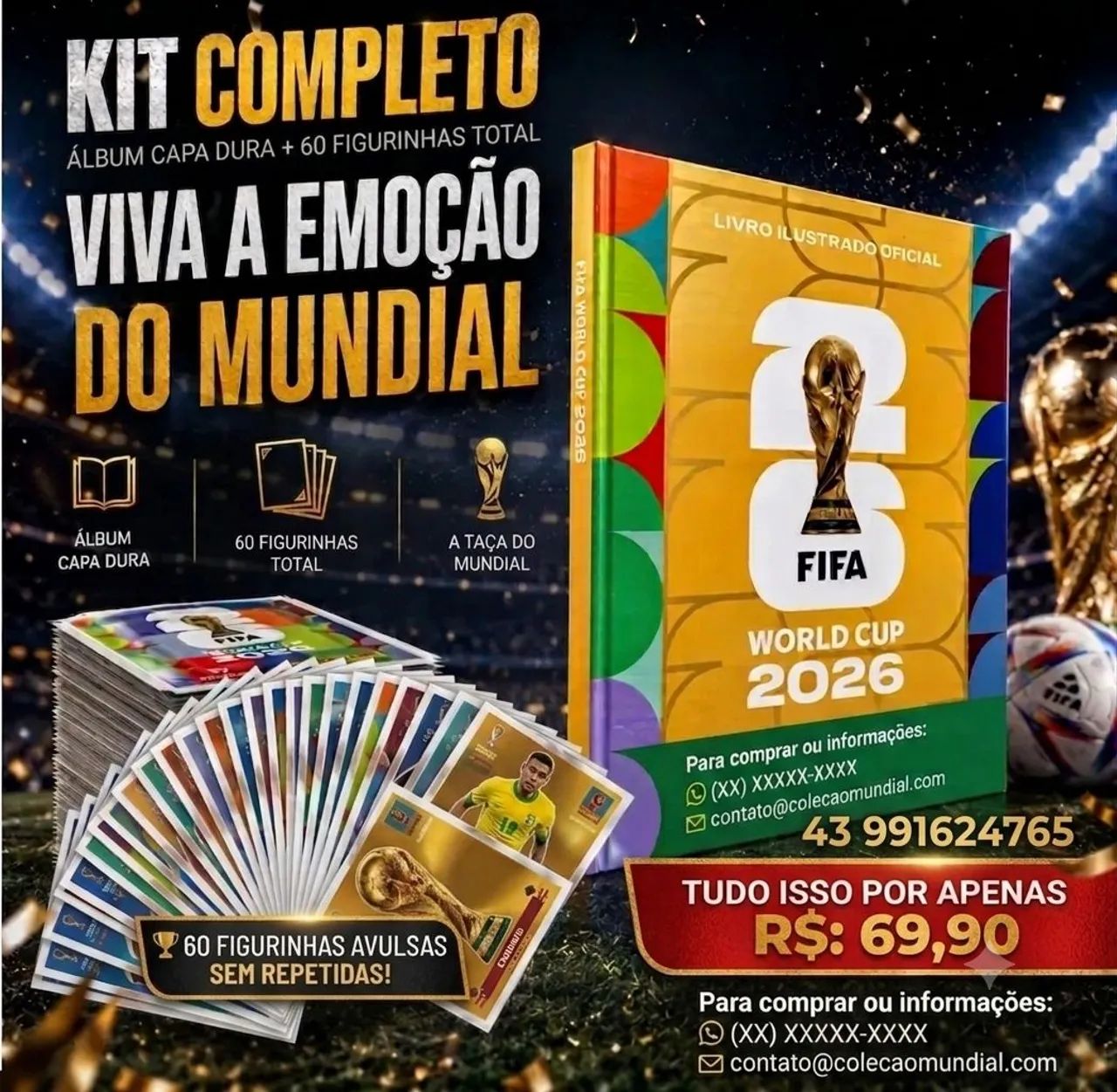 Kit álbuns + 60 figurinhas copa do mundo 2026