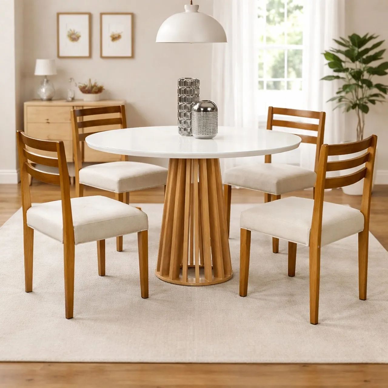 Mesa Jantar Redonda Base Ripado + 4 Cadeiras tt3