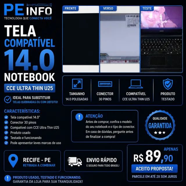 Tela Notebook 14.0 CCE Ultra Thin U25 Compatível Testada