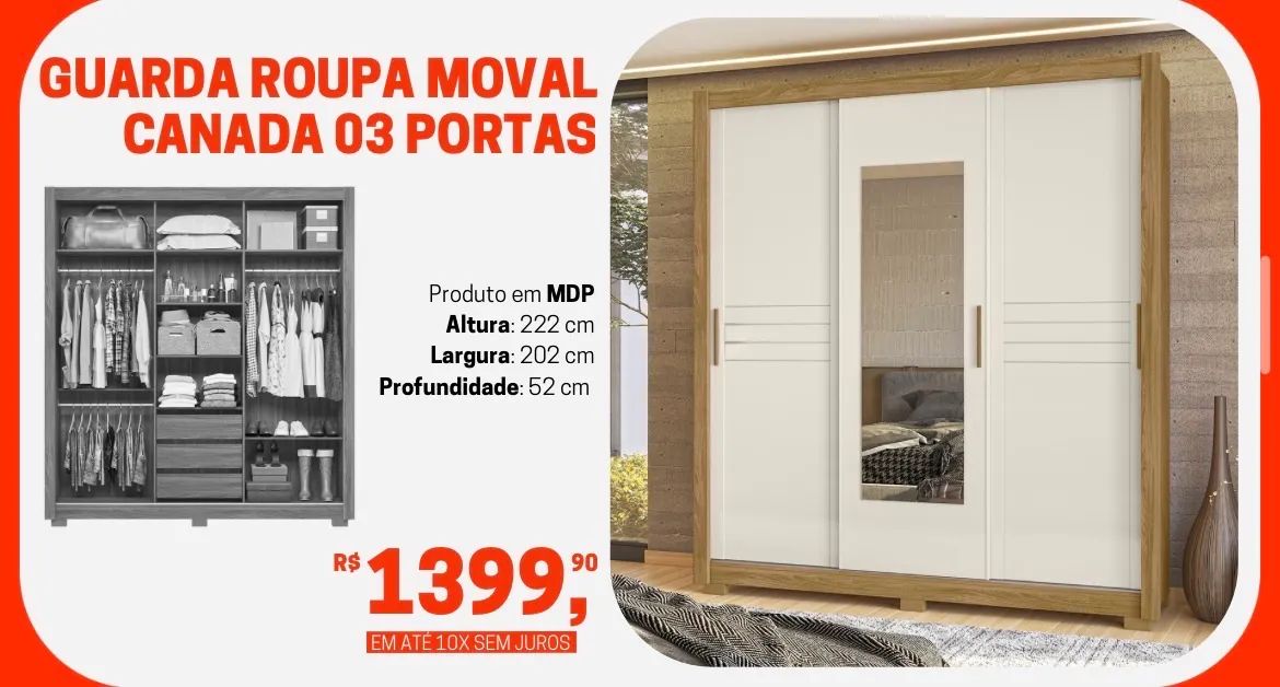 Guarda-Roupa Moval Canadá - 03 Portas - Com Espelho - Novo!