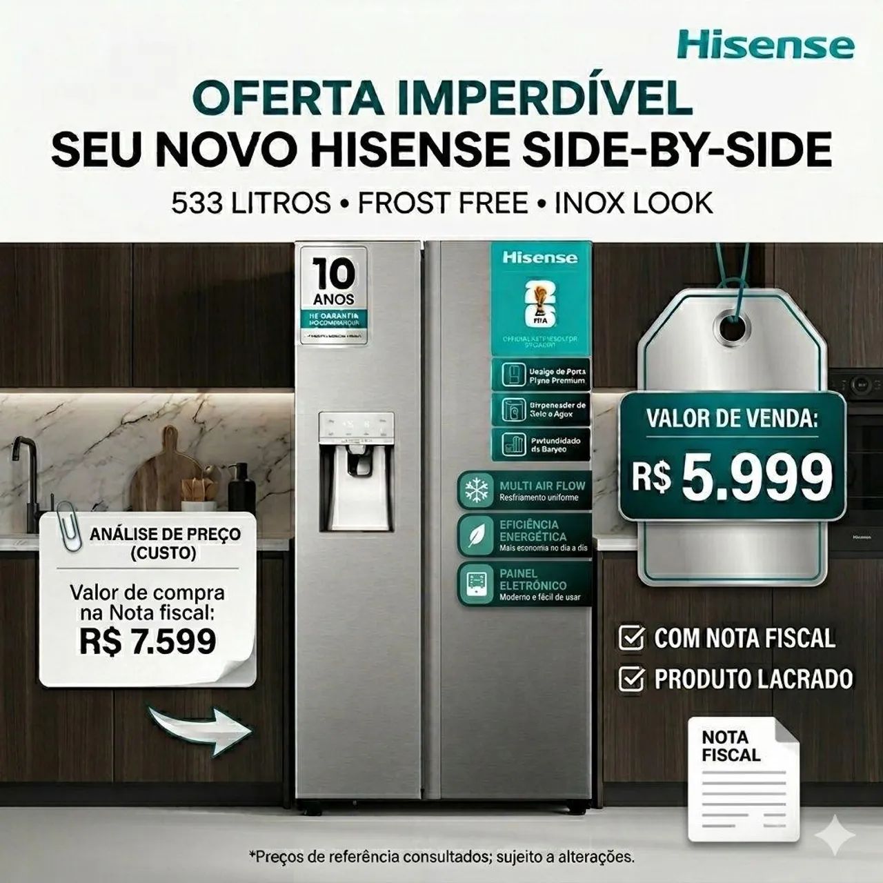 Geladeira Side by Side 2 Portas Hisense 533L Inox 220V - Nova e