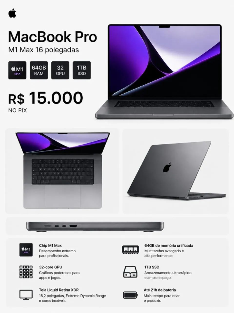 MacBook Pro 16 M1 Max 64GB RAM 1TB SSD Apple GPU 32 núcleos