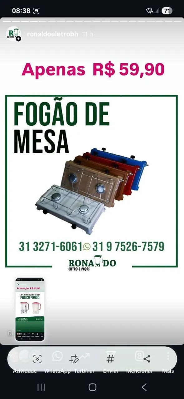Fogão duas bocas mesa
