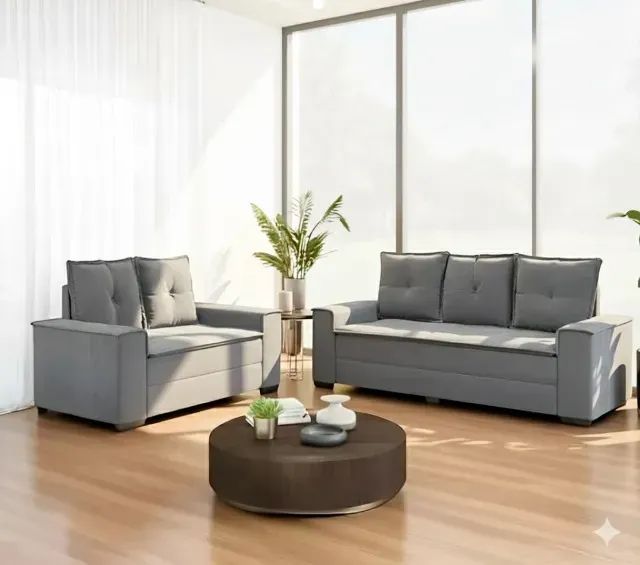 Conjunto Estofado 2 e 3 Lugares Barcelona Cinza - Estrutura Reforçada