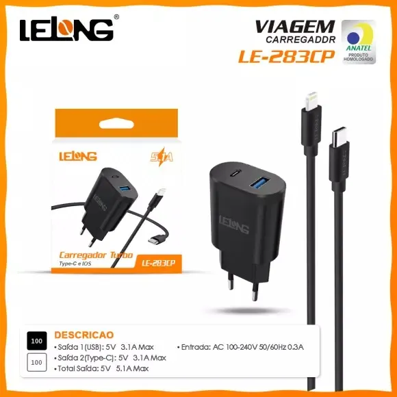 Carregador Tipo C e USB + Cabo Tipo C Lelong LE283cp - Loja Natan Abreu 