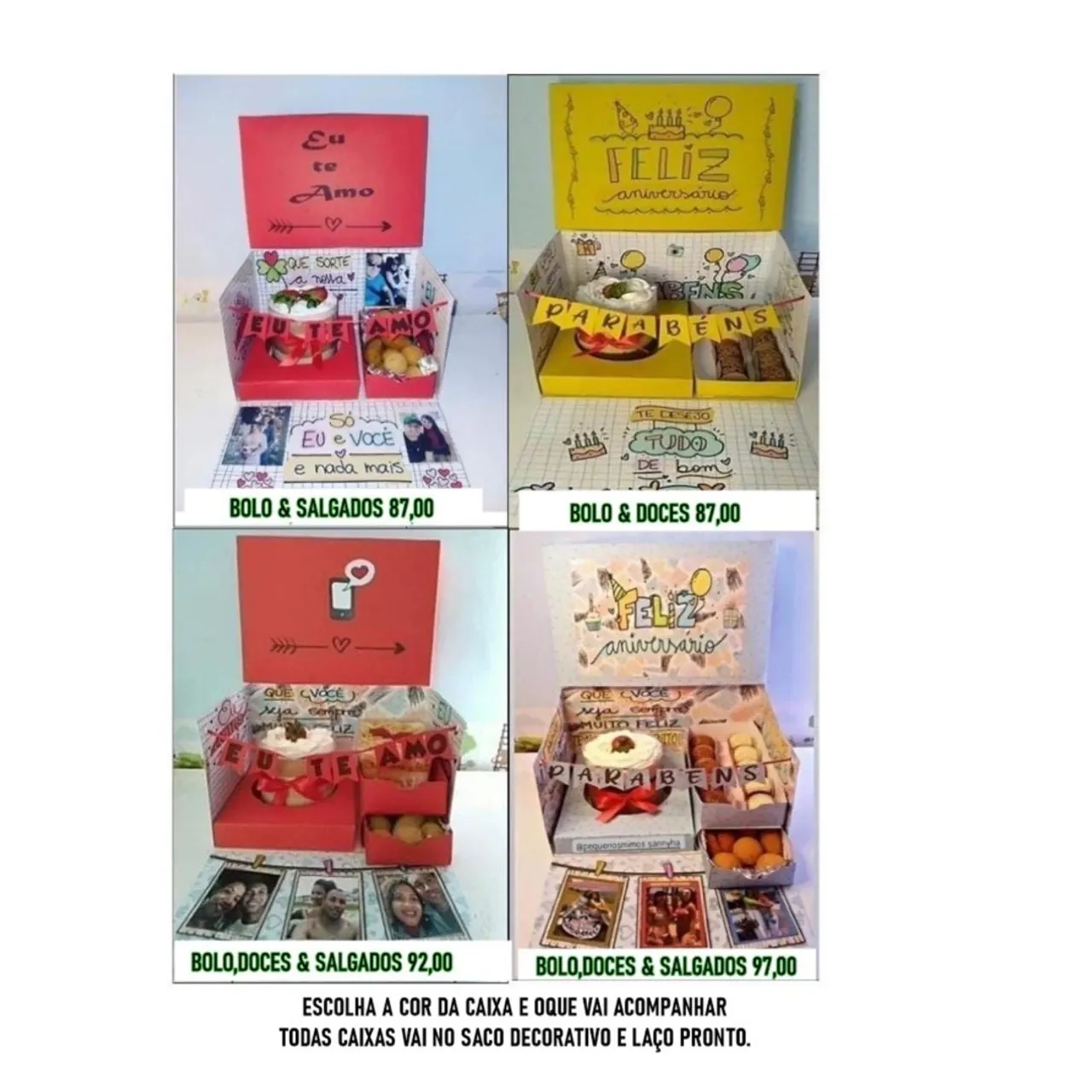Cestas de presentes personalizadas - Bolo, doces e salgados