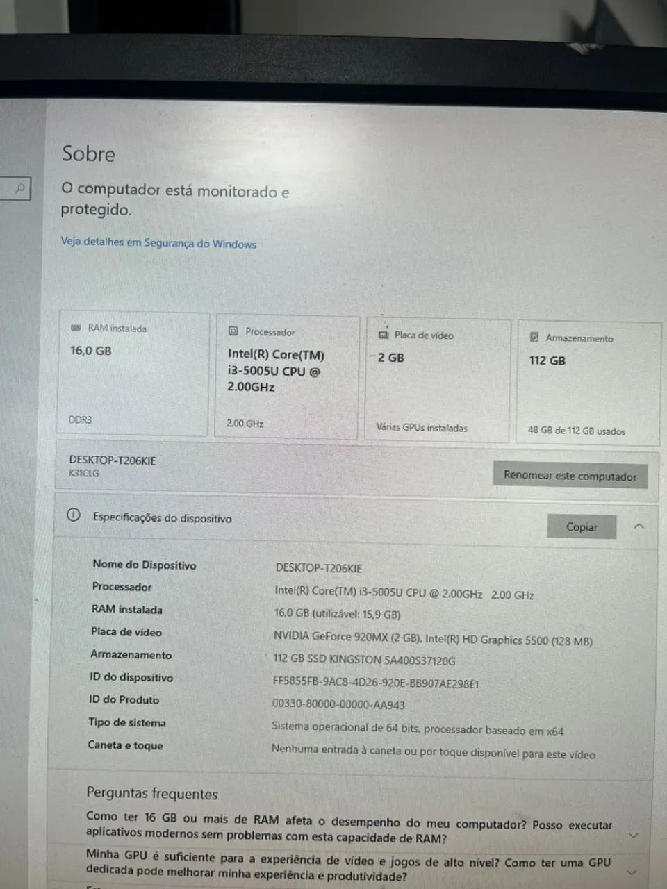 PC Completo com 16GB RAM, SSD 112GB, Core i3, Placa de Vídeo