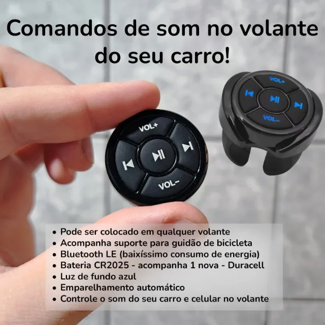 Controle multimídia bluetooth para volante de carro, moto ou bicicleta