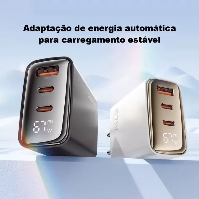 Fonte carregador de 67w com display para celulares e drones (2x entradas Tipo C e 1x USB) - Foto 2