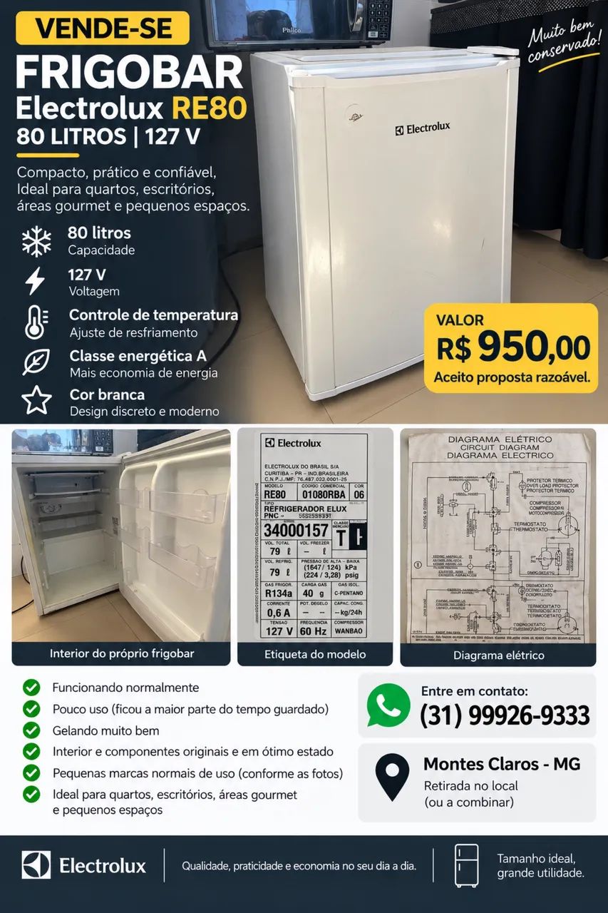 エコパラ〜出品 Frigobar Electrolux RE80 80 Litros - Muito Conservado - 127V
