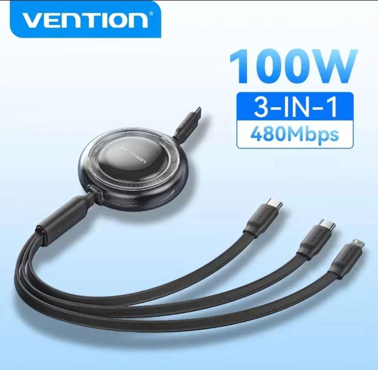 Cabo retratil Vention 100W 3 em 1 com 1.1M