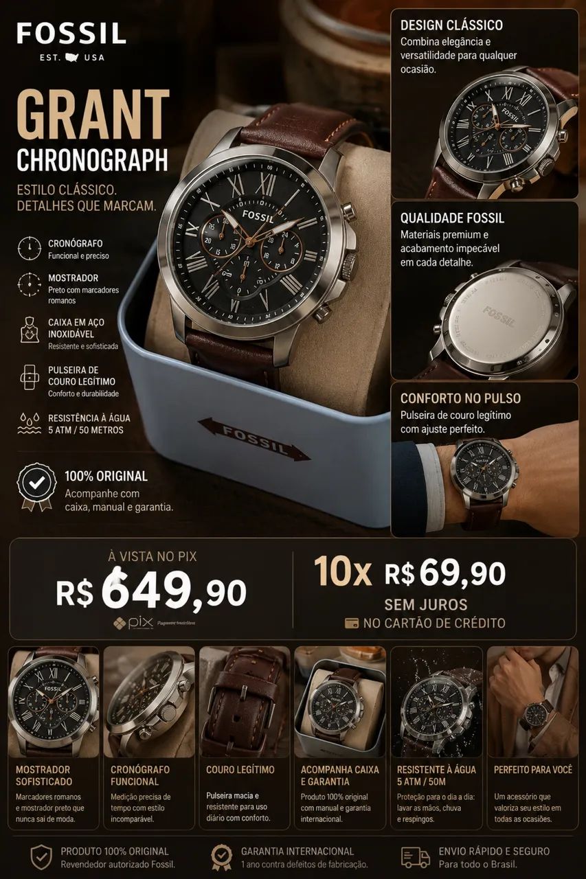 Relógio fóssil Grant crono vintage 