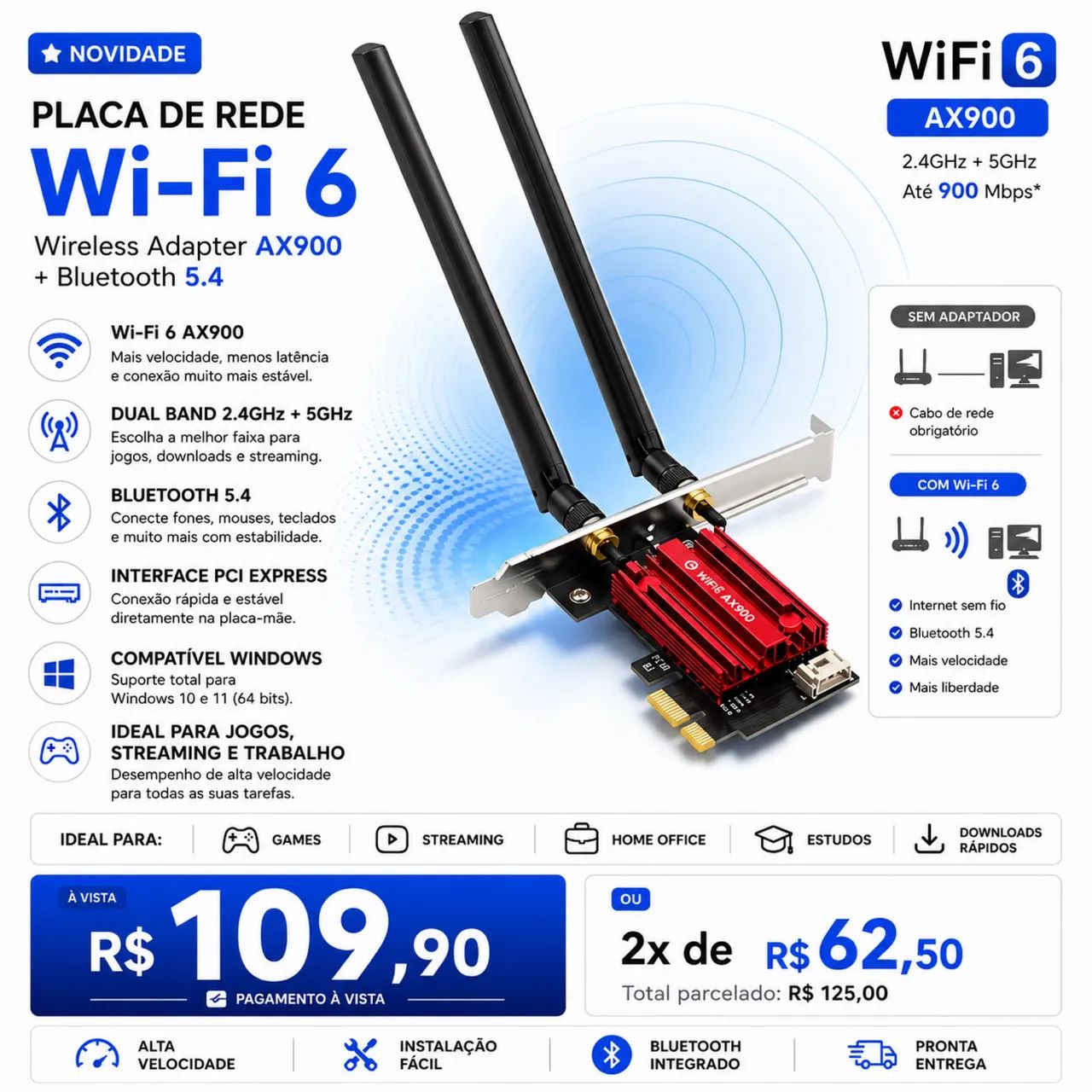 Placa de Rede Wifi + Bluetooth Adaptador (Wireless Adapter)