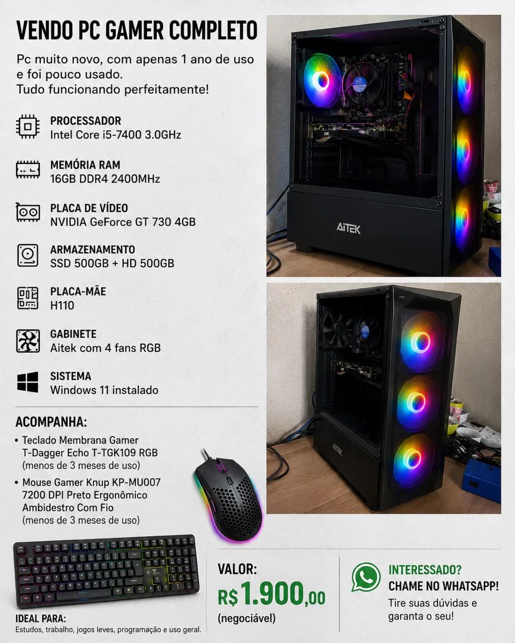 Pc gamer + mouse + teclado