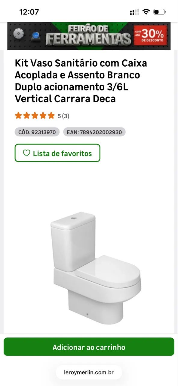 Vaso Deca Carrara c/ caixa e assento 