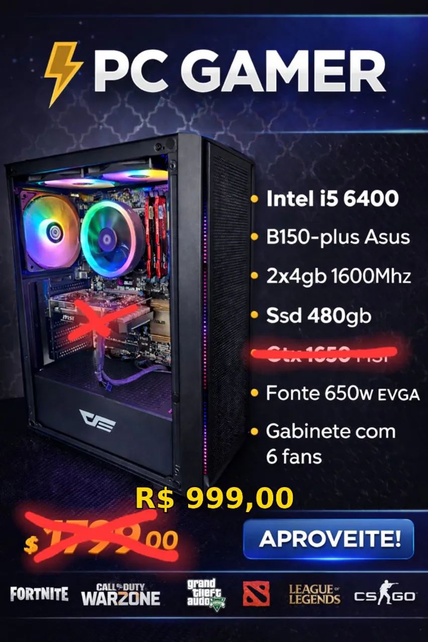 Pc gamer Intel i5, 2x4gb, ssd 480gb - Computadores e Desktops