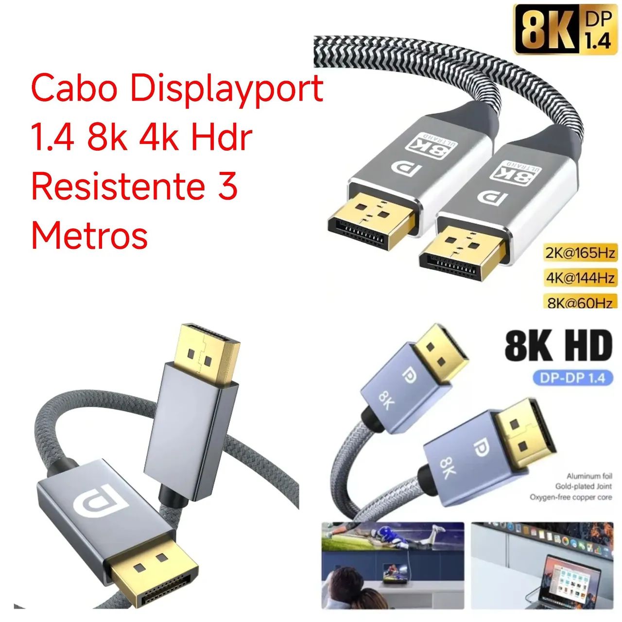Cabo Displayport 1.4 8k 4k Hdr Resistente 3 Metros