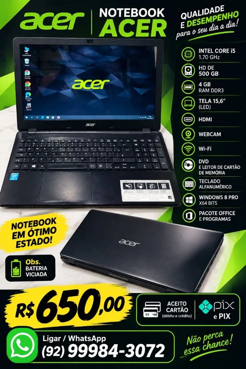 Notebook Acer i5 pra estudos / escritório/ lojas / delivery 