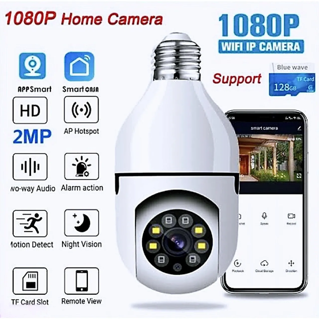 Câmera wifi ip sem fio giratória 360 com encaixe lampada bocal HD visão noturna.