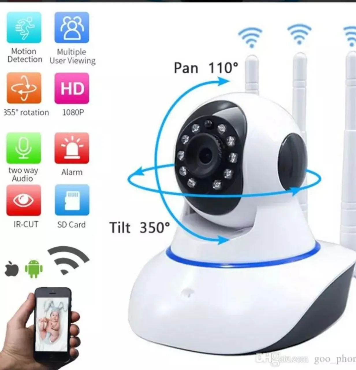 Câmera de Segurança Wi-Fi HD 1080P com Panorâmica 355° e Visão Noturna